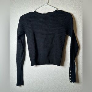 ZARA Black Honeycomb Knit Cropped Top with Pearl Jewel Button Cuffs